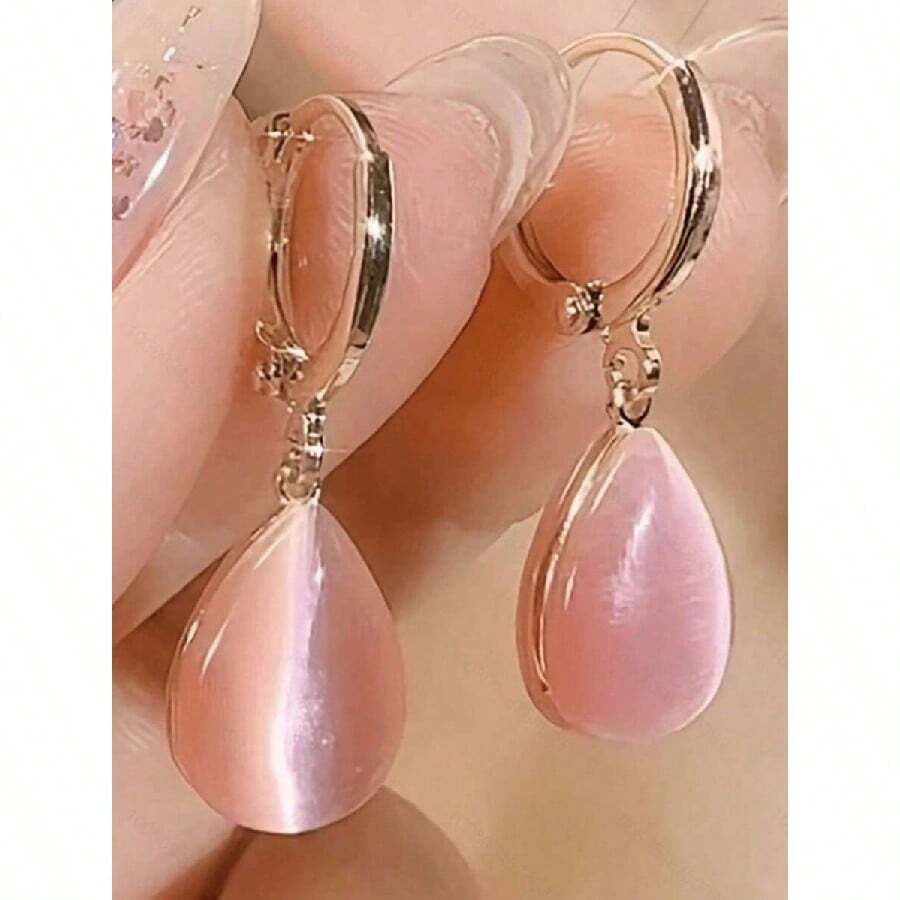 1 par de pendientes de piedra de ojo de gato con forma de lágrima de doble cara, minimalistas, ligeros y versátiles para mujeres - Rosa - Ver 1
