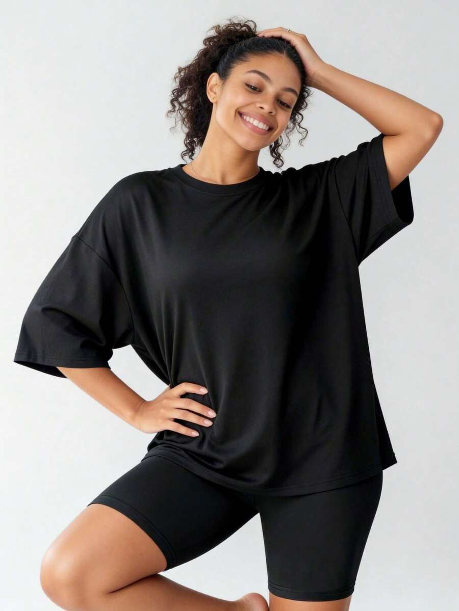 Runway Rest Casual Homewear Round Neck T-Shirt And Shorts Set - Black - View 1