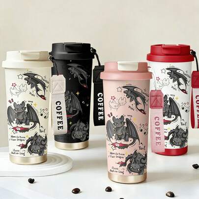  How To Train Your Dragon Toothless Cute Kawaii Insulated Tumbler Mug With Straw Lid Hand Carry Rope - Adorable Black Night Fury Cartoon Print Double Wall Stainless Steel Vacuum Leak- Portable Travel Car Office Gym Sports Bottle Medium Size 530ml - Perfect Fashion Gift Idea For Teens Adults Women Anime Fans Cosplay Events Birthday Christmas Valentine Halloween Holidays