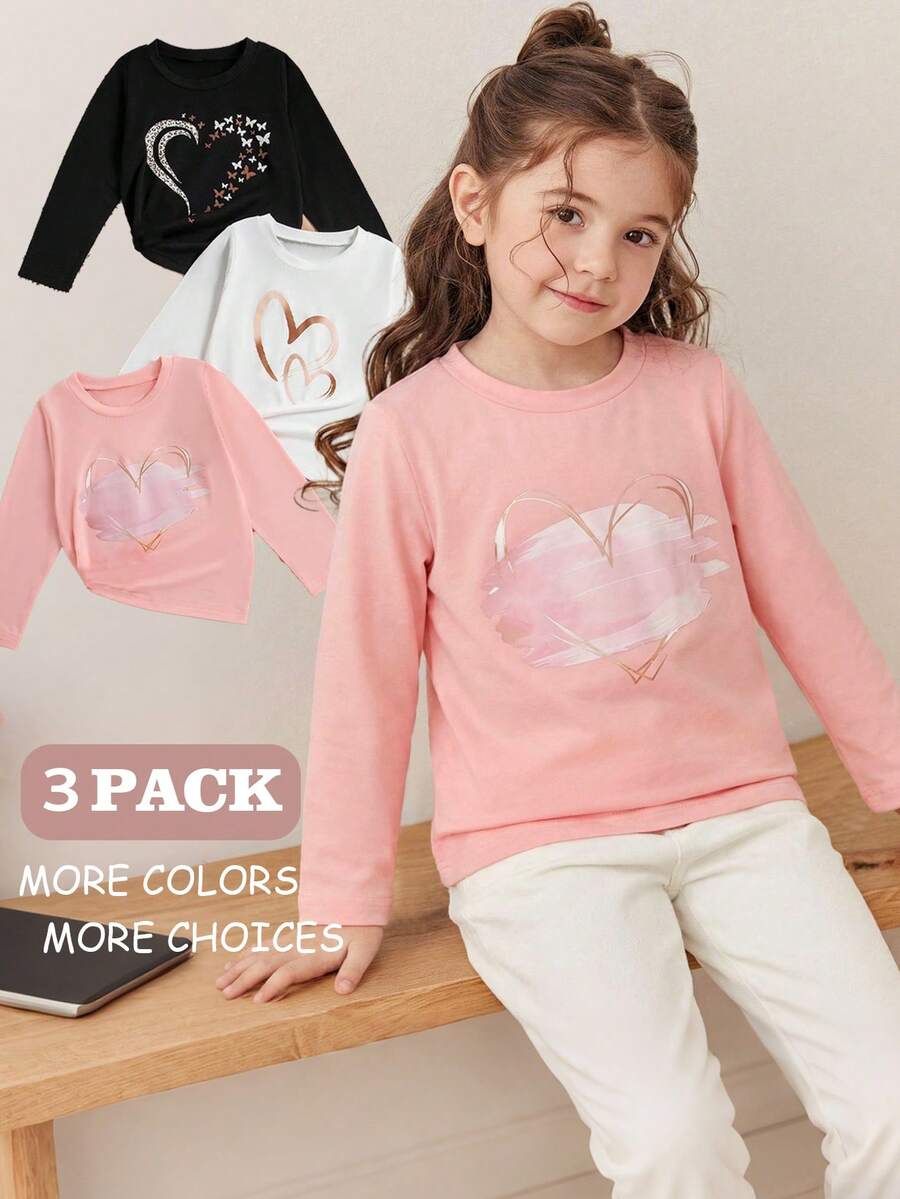 3 件套女孩情人节时尚心形和蝴蝶印花长袖休闲上衣 - 黑色 - 查看 1