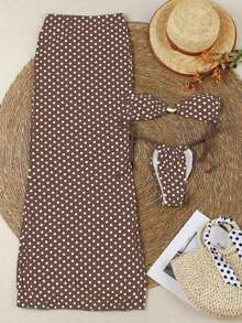 Elegant & Sexy Polka Dot Print 3-Piece Bikini Swimsuit For Women, Random Floral Print - 咖啡棕 - 查看 3