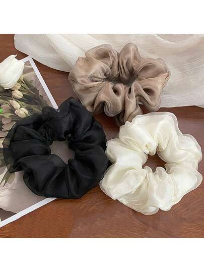 1/3pcs Solid Color Large Hair Scrunchies, Women's Minimalist Elegant Hair Ties, Organza Hair Accessories Beauty Home Bedroom Decor Ponytail Holders Hair Elastics Hair Rubber Bands Hair Rope Elastic Hair Tie