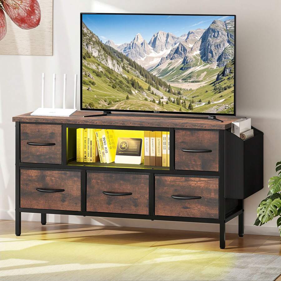 BALCONERA Living Room TV Furniture & TV Cabinet With RGB LED Lighting, 5 Foldable Drawers And Shelves - Brown - View 1