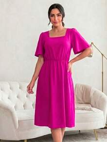 Elegant Women's Midi Dress, Christian Fashion, Flowing Fabric, Square Neckline, A-Line - 玫瑰紅 - 查看 3