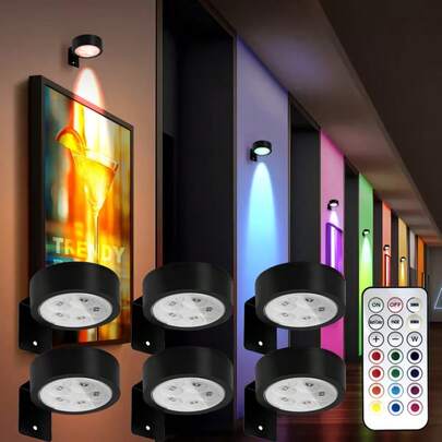 1/3/6pcs LED Wall Light, Colorful RGB Wall Art Light, With Remote Control, 360 Degree Rotation, Wall Light, With Timer, Adjustable Brightness, Black Wall Light, Suitable For Home, Dormitory, Wardrobe, Corridor, Staircase, Bedroom, Desk (Excluding Battery)