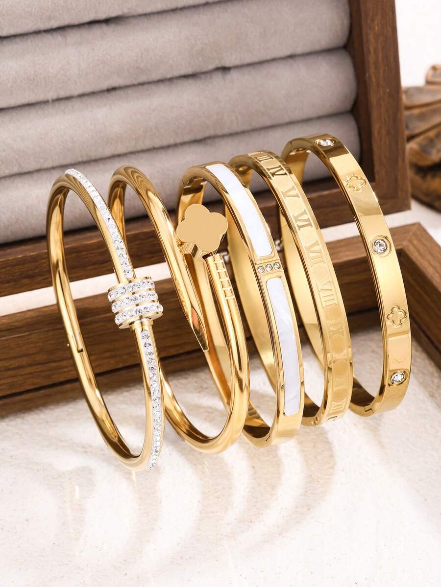 Set da 5 pezzi/1 pezzo Braccialetto in acciaio inossidabile multicolore personalizzato, design unico, alla moda e versatile, raffinato ed elegante, regalo ideale, non sbiadisce mai - Oro giallo - Visualizzare 1