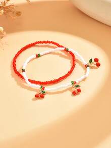 2件套可爱彩色串珠脚链，配甜美樱桃吊坠，手工制作，适合海滩度假和日常佩戴 - 彩色 - 查看 3