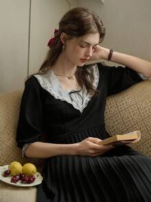 Simple Retro Women's Navy Collar Bow Tie Contrast Ruffle Hem Dress - Black - View 8