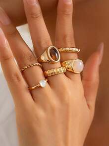6pcs/Set Minimalist French Style Metal Vintage Rings Set, Personalized Design, Suitable For Parties, Gifts, Daily Wear (Please Do Not Wear While Bathing, Size Chart Included, Do Not Forcefully Bend, Purchase Carefully) (Slight Difference Between Picture And Actual Product, Actual Product Prevails) - Gold - View 2
