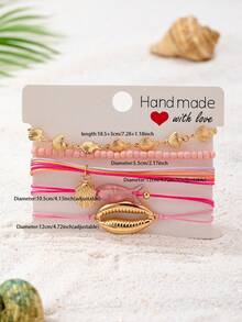 5 Stück/Set rosa Surfarmband geflochten, Muscheldekor Perlenarmband, geeignet für Sommerurlaub am Strand, handgemachter Boho-Stil Schmuck - Verschiedenfarbig - Übersicht 3