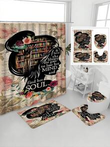 1/4pcs Silhouette Bookshelf Pattern Waterproof Shower Curtain Set, Includes 12 Hooks, Anti-Slip Mat, U-Shaped Mat, And Round Toilet Lid Cover, Thick Polyester, Solve Bathroom Water Accumulation Problems - A - View 4