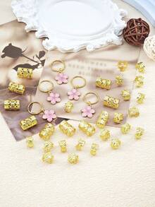 35个腮红粉色山茶花发圈 - 优雅合金花朵发饰，公主风首饰，适用于可调节辫子和脏辫 - 金色 - 查看 3