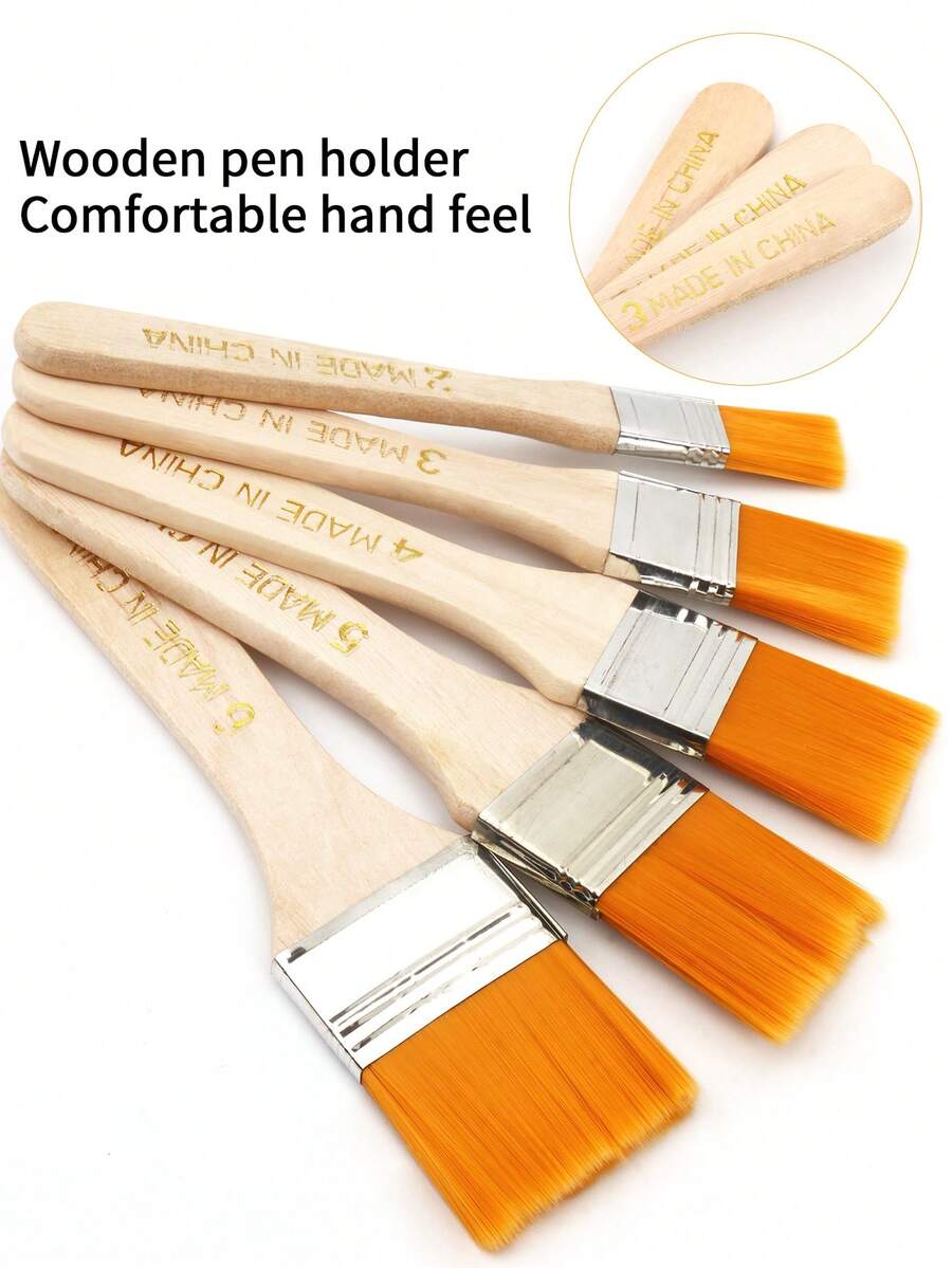 5支木柄尼龙毛画笔套装，2-6号画笔，适用于DIY涂鸦、各种颜料绘画、艺术创作、键盘清洁