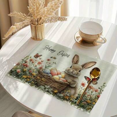 4 件套复活节主题餐垫，可爱兔子和花卉图案，可水洗耐用材质，适合派对用餐、节日装饰和复活节装饰。尺寸：30*45 厘米，适用于季节性家居装饰、乡村节日装饰和农舍风格。理想的礼物之选。