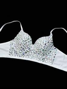 Áo hai dây ngắn gợi cảm đính đá lấp lánh dành cho nữ, kiểu dáng thường ngày. - trắng - Xem 5