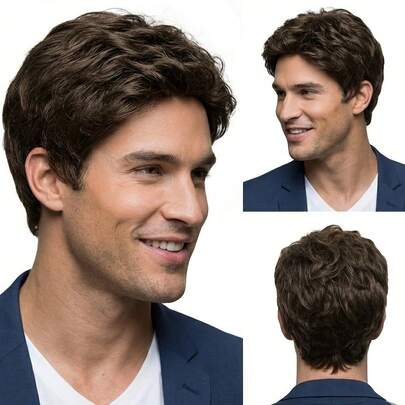 时尚男士混色灰色短卷假发，带侧刘海，6英寸玫瑰网状合成纤维材质，外观适合日常佩戴、角色扮演、万圣节和派对，带扣网