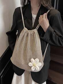 Yogodlns Solid Color Knitting Shoulder Bag Large Capacity Bohemian Crochet Hollow Out Versatile Beach Travel Tote For Women Casual Mesh Drawstring Backpacks - Khaki - View 5