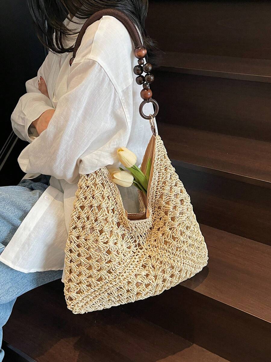 Hollow Straw Woven Bag, Beach Vacation Tote Bag, Handmade Woven Shoulder Bag, Straw Bag