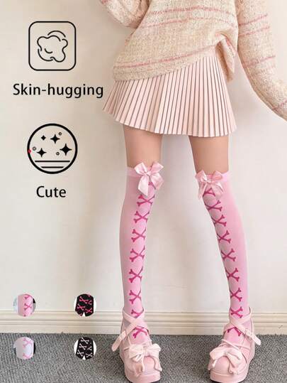 1 Pair Japanese Bow Y2K Lolita Thigh-High Socks Women Leg-Slimming Non-Slip Anime Expo/Lolita Tea Party/JK Meetup/Harajuku Street Snap/Birthday Photo Shoot/Campus Cultural Festival/Cosplay Event/BFF Afternoon Tea/Japanese-Style Store Hopping Must-Have Stockings