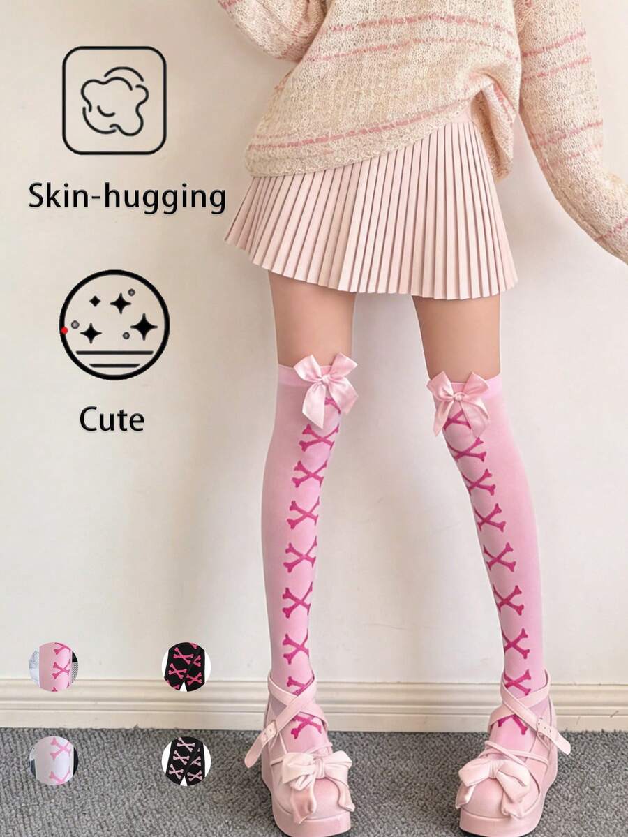 1 Pair Japanese Bow Y2K Lolita Thigh-High Socks Women Leg-Slimming Non-Slip Anime Expo/Lolita Tea Party/JK Meetup/Harajuku Street Snap/Birthday Photo Shoot/Campus Cultural Festival/Cosplay Event/BFF Afternoon Tea/Japanese-Style Store Hopping Must-Have Stockings - Multicolor - View 1