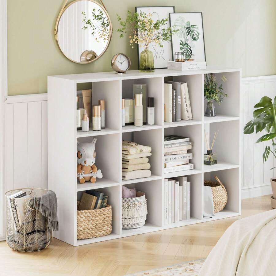 Estantería cúbica con 12 compartimentos, librería, separador de ambientes, archivador, para habitación infantil, salón, estudio, oficina, color blanco, 91 x 29 x 120 cm - Blanco - Ver 1