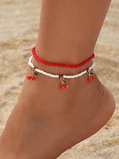 2pcs/Set Cute Colorful Beaded Anklet With Sweet Cherry Pendant, Handmade Jewelry Suitable For Beach Vacation And Daily Wear
