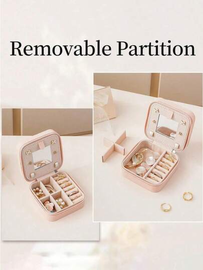 1pc Travel Jewelry Box, Women's Gift, Mini Jewelry Organizer With Mirror For Necklaces & Earrings, Pink Travel Essential, Women's Day Gift, Suitable For Vacation, Beach, Bathroom, Bedroom, Large Capacity