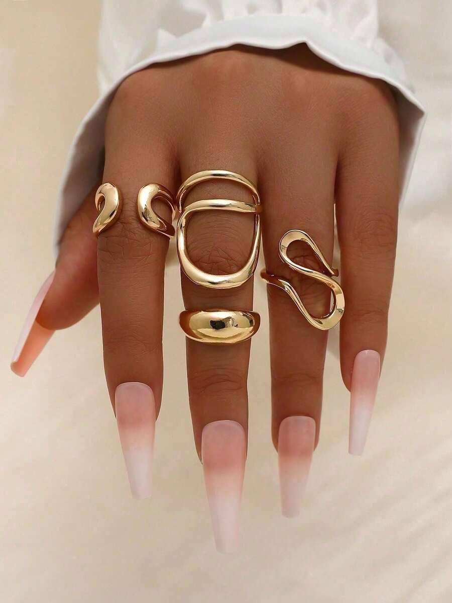 4Pcs /Set Fashion Bohemian Geometric Hollow Asymmetrical Abstract Design Adjustable Gold Rings Set For Women Jewelry Accessories - Gold - View 1