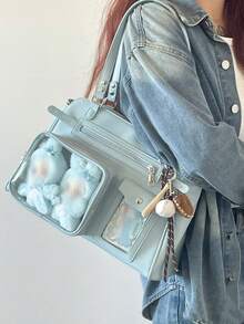 新款日系时尚街头Y2K复古大容量透明徽章玉米路斜挎包，适合女性购物、通勤、送礼、聚会、动漫展等场合，多功能单肩斜挎包 - 藍色 - 查看 7