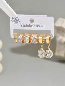 6pcs/Set Elegant Zirconia Small Hoop Earrings, Stainless Steel, Suitable For Daily Wear (Random Crystal Quantity) - Gold 874 - View 26