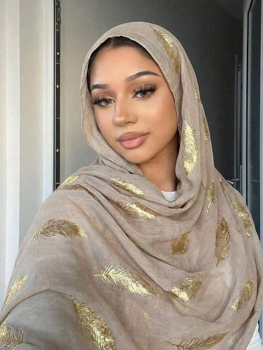 1pc Women's Fashion Rose Gold Small Tree Scarf, Silver Foil Small Tree Head Scarf, Suitable For Daily Wear - Khaki - View 1