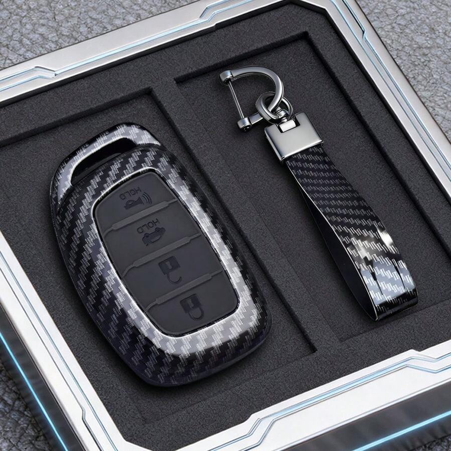 Carcasa moderna de llavero de fibra de carbono ABS 3/4 botones para Tucson, Santa Fe, Rena, Sonata, Elantra, Creta, Ix35, Ix45, I10, I30, I40 con entrada sin llave - Inicio con 4 teclas - Ver 1