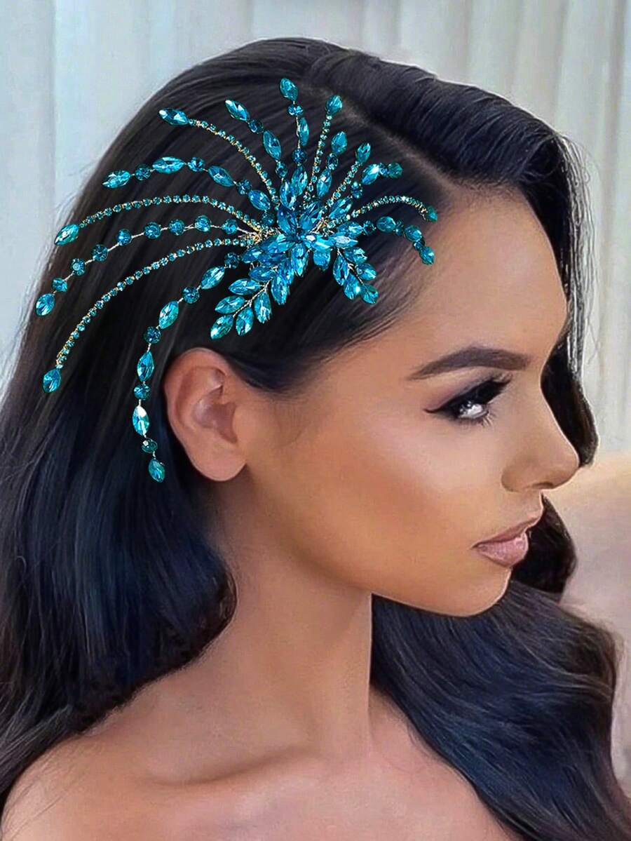1pc Fashionable Bride Hair Comb, Shiny Silver & Blue Rhinestone Headpiece Suitable For Wedding, Party, Easter