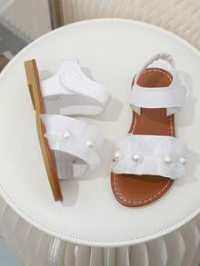 1 Pair White Soft Lace Mesh Pearl Fabric Toddler Girls' Flat Sandals, Round Toe, Hook And Loop Strap Design, Non-Slip Soft Sole, Fashionable & Cute Beach/Daily Wear Sandals - White - View 5