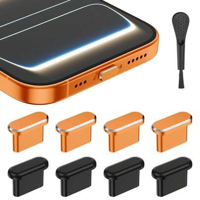 适用于 17 Pro/Pro Max 的防尘塞式硅胶铝合金 USB-C 接口防尘塞，4 个铝合金 + 4 个硅胶 USB-C 接口保护盖，也适用于 16/15 系列、Galaxy S25 等所有 Type-C 接口（星空橙），春季礼物，生日/周年纪念派对佳品