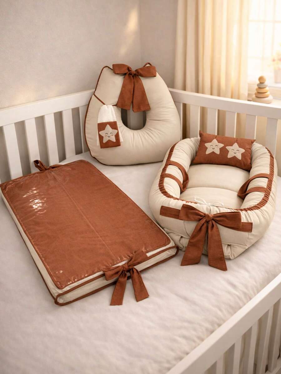 3-Piece Set: Baby Nest Reducer + Nursing Pillow With Towel + Waterproof Changing Mat With Embroidered Appliqué - 紅陶 - 查看 1