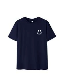 New Summer Women's Minimalist "WHATEVER" Smiling Face Print Round Neck Dark Grey Short Sleeve T-Shirt, Fashion Versatile, Suitable For Ladies' Casual Spring Tops - Navy - View 4