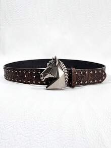 1pc Unisex Dark Geometric Horse Head Punk Style Studded Vintage Embossed Leather Belt, Limited Edition New Year Gift - Multicolor - View 4