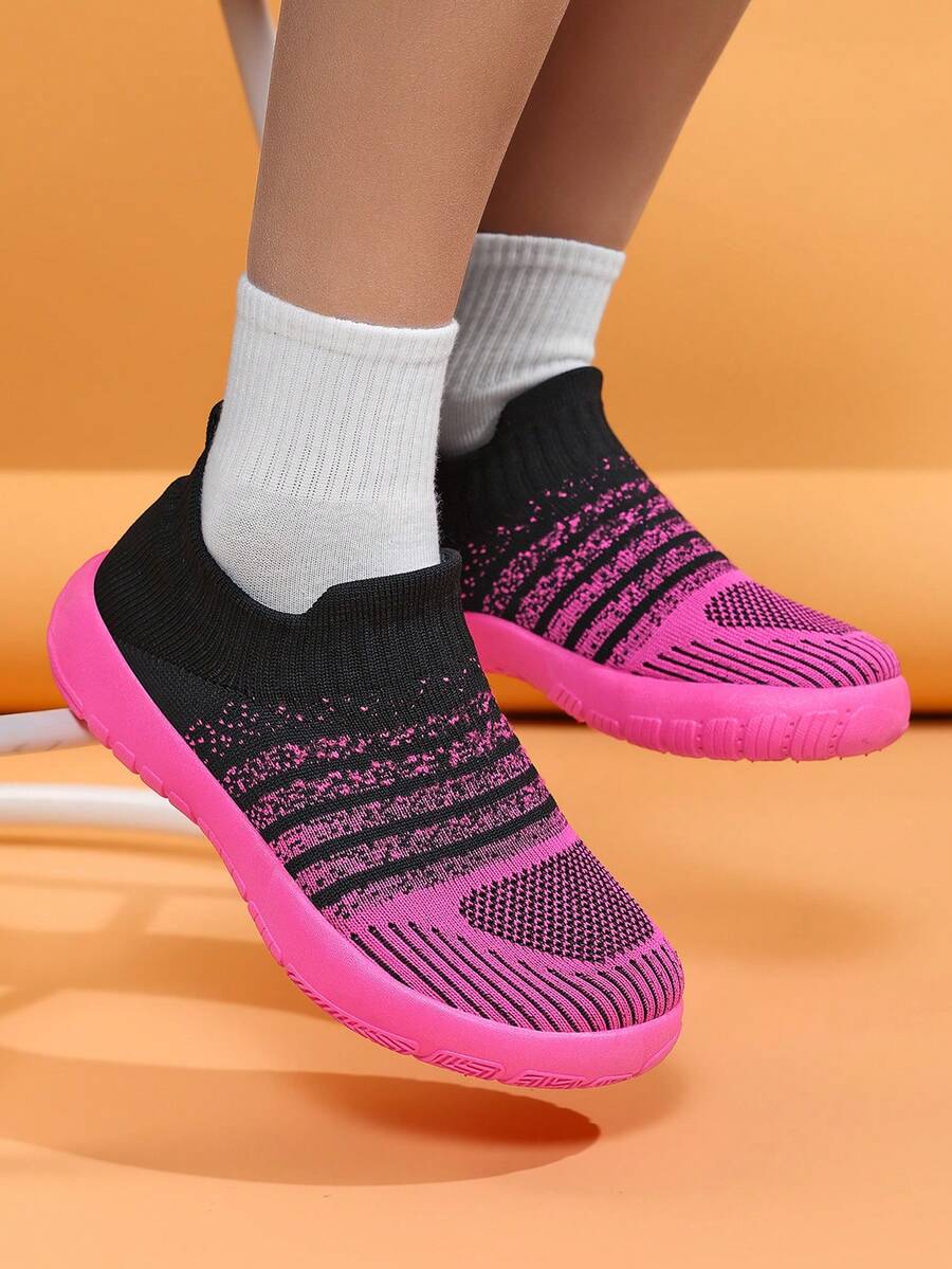 Women's Black And Pink Knit Slip-On Sneakers Breathable Sock Style Casual Walking Shoes With EVA Sole - 黑玫紅 - 查看 1