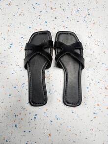 2025夏季新款H型时尚凉鞋，平底简约户外沙滩休闲拖鞋，纯色，休闲优雅，PU皮革，适合沙滩、度假、办公、居家、户外、派对等各种场合，夏季必备 - 黑色002 - 查看 11