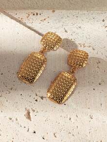 Mazuer 1 par de pendientes geométricos de lujo vintage chapados en oro de 18K con diseño de cuadros trenzados, accesorios de joyería de acero inoxidable para mujeres, adecuados para ir al trabajo, la oficina y el uso diario - tartán - Ver 3