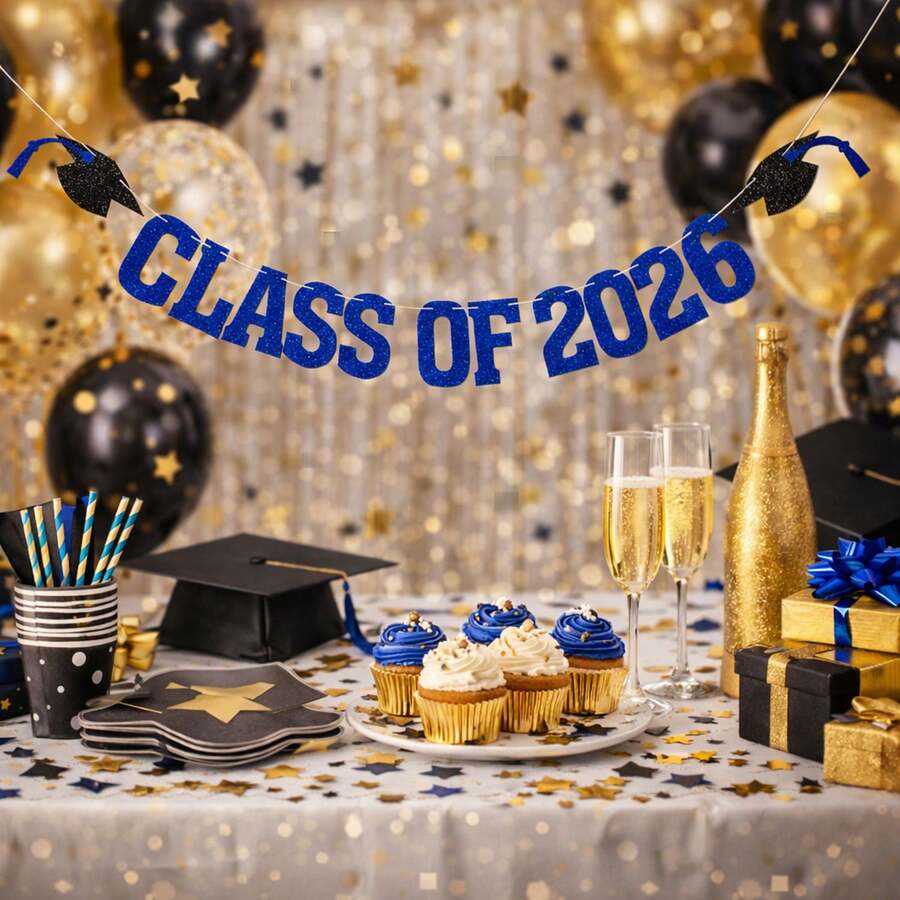 1pc 2026 Graduation Decoration - Blue Glitter 2026 Graduation Banner, We Are Proud Of You, Congratulations Class Of 2026, 2026 Graduation Party Decor - View 1