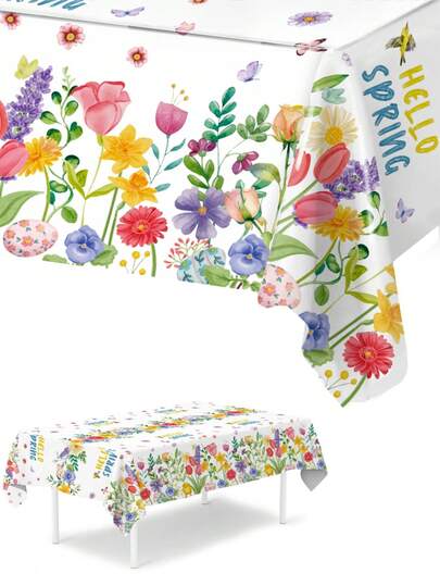 1pc Spring Floral Tablecloth, Hello Spring Table Cover, Spring Party Supplies, Baby Shower Party Decor Tablecloth, Gender Reveal Party Decor Table Runner, Girl Birthday Party Table Decor, First Tooth Party Decor, Welcome Newborn Baby Girl Party Decor Table Flag, Spring Room Decor, Spring Home Decor, Spring Outdoor Decor Disposable Tablecloth, Spring Decorations, 1st Birthday Gifts, Spring Gifts, Party Favors