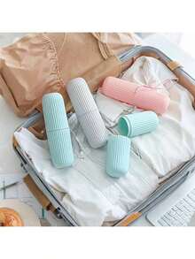Estuche portátil para cepillo de dientes con patrón de rayas, vaso para cepillo de dientes de viaje, esencial para viajes de negocios, campamentos y viajes - Gris - Ver 10