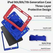 适用于10.2英寸手机的硅胶保护套，带笔槽、腕带和肩带，可360°旋转 - 紅+深藍(附肩帶) - 查看 5