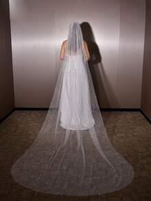 1 pièce Voile de mariée en tulle scintillant et étoilé avec perles, voile de mariage à couche unique de longueur mi-doigt, accessoire de cheveux de mariage de longueur de chapelle - A - Voir 12
