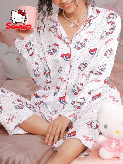 SANRIO 两件套三丽鸥Hello Kitty女士睡衣套装，波点、蝴蝶结和字母印花，可爱长袖上衣和裤子睡衣套装，萌萌哒睡衣套装