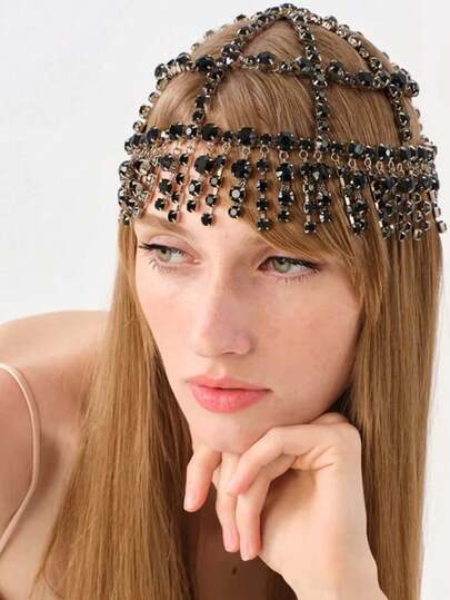 1pc Luxurious Tassel Mesh Hair Chain Design Rhinestone Headpiece Hair Accessories Stage Performance Accessories, Party Banquet Head Accessories
