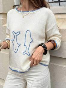 Just Masa Women's Loose Hollow Out Knit Beach Cover Up, Round Neck Cute Fish Embroidery Knit White Cover Up, Suitable For Summer Vacation And Beach - White - View 4