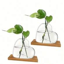 心形透明玻璃水培植物栽培容器附木製底座－適用於居家裝飾、花園、客廳、臥室與廚房使用－送給植物愛好者的禮物 - 愛心 - 查看 6